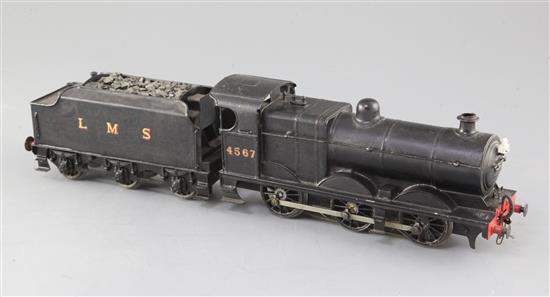 A scratch built O gauge 0-6-0 LMS locomotive and tender, number 4567, black livery, 3 rail with skate, 39cm
